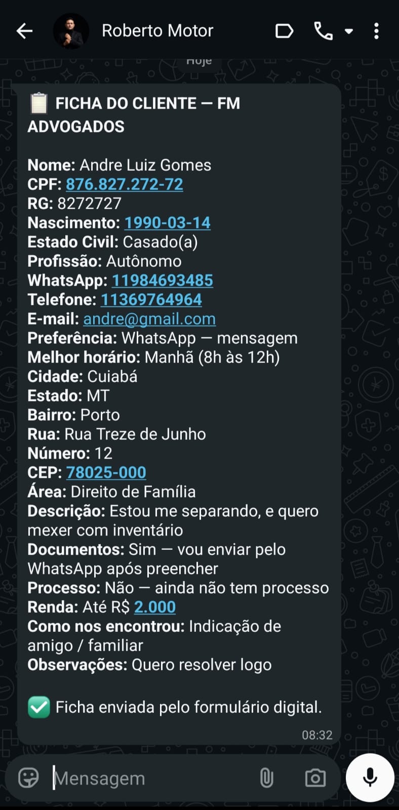 Dados chegando no WhatsApp